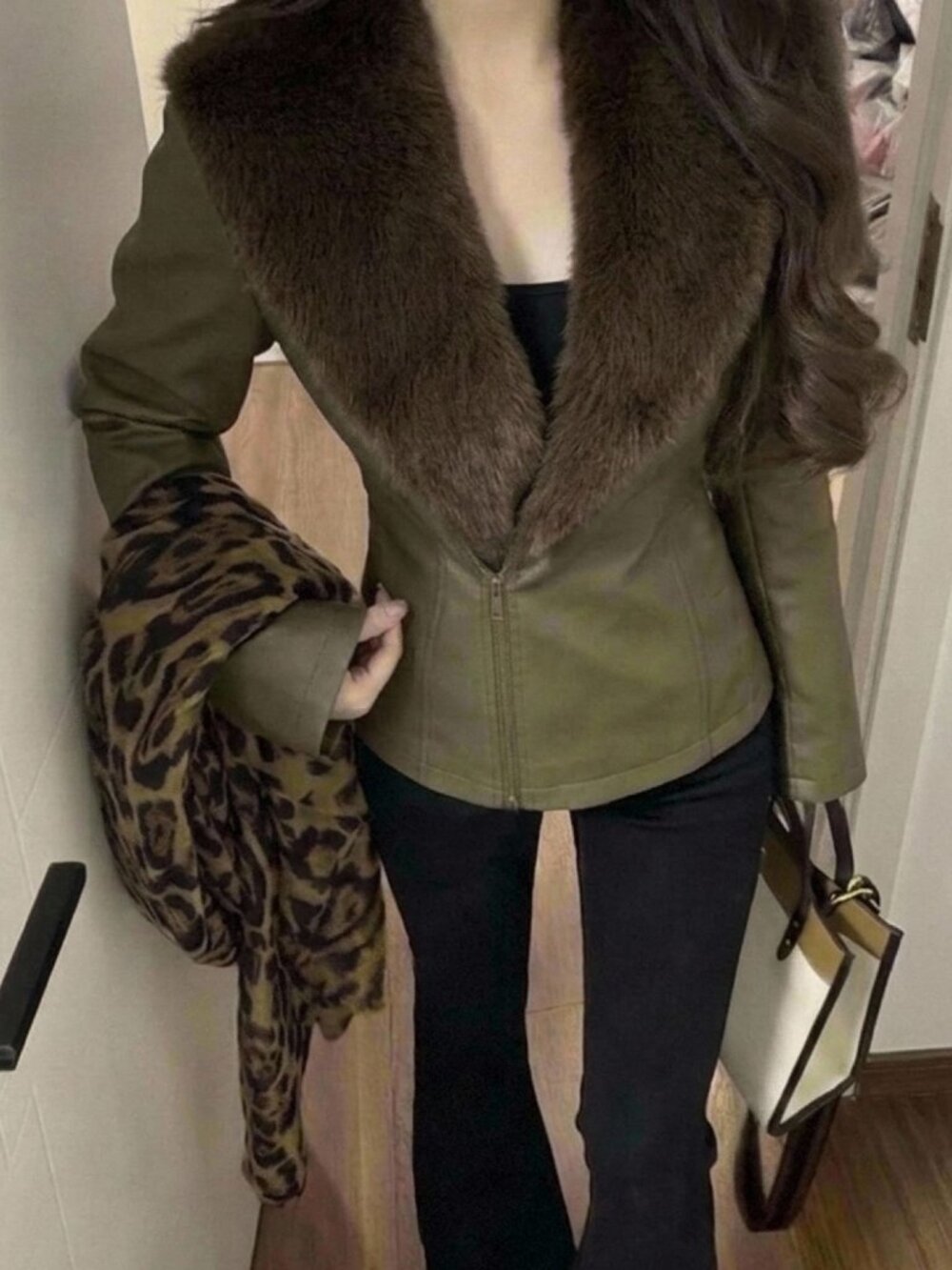 Dark Green Party Women's Slim Fit Faux Fur Jacket